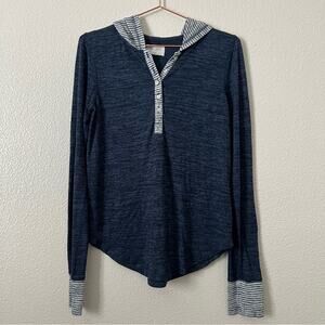 Gilly Hicks hooded henley top long sleeve navy blue stripe trim